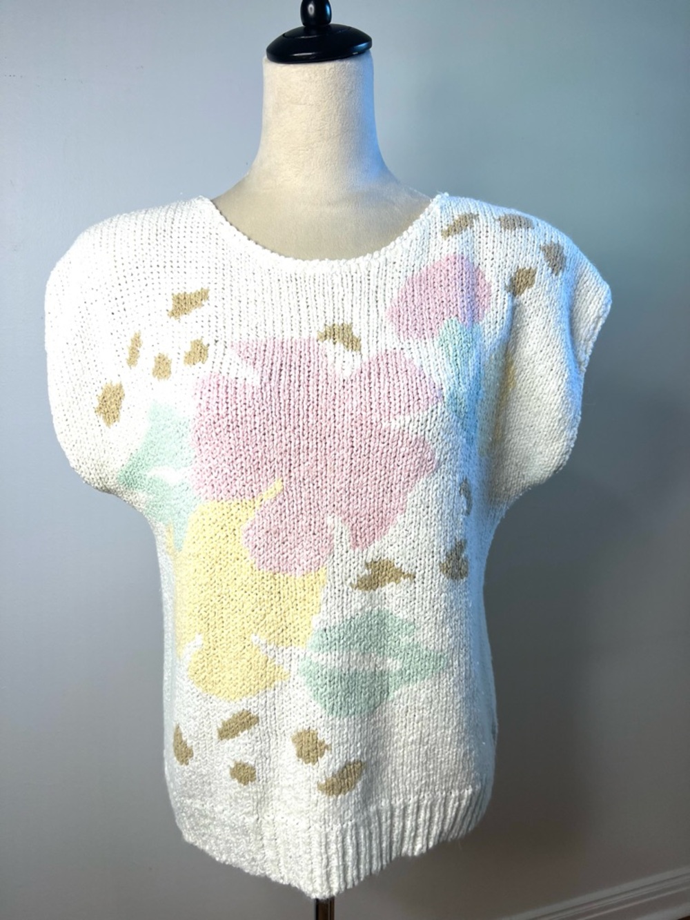Worthington Vintage White Floral Knit Sweater Cottagecore SZ L  EUC